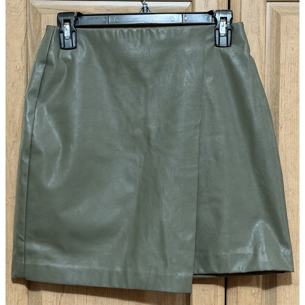 Bar III Faux Leather Skirt Women's Size XS Olive Green Asymmetrical Wrap Pull On